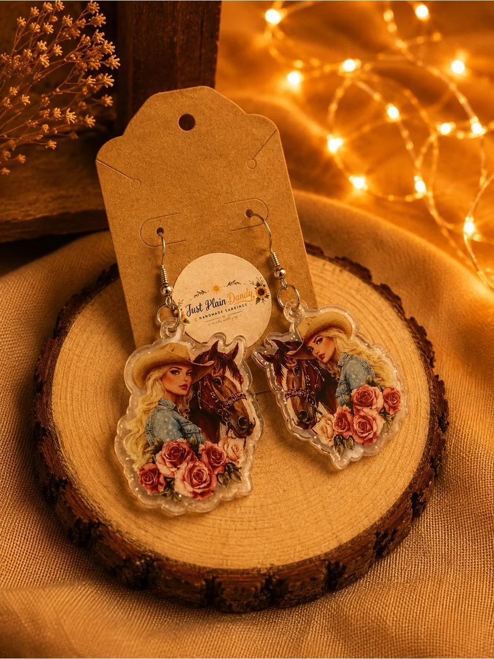 Cowgirl Horse Rose Acrylic Dangle Earrings Western Country Handmade